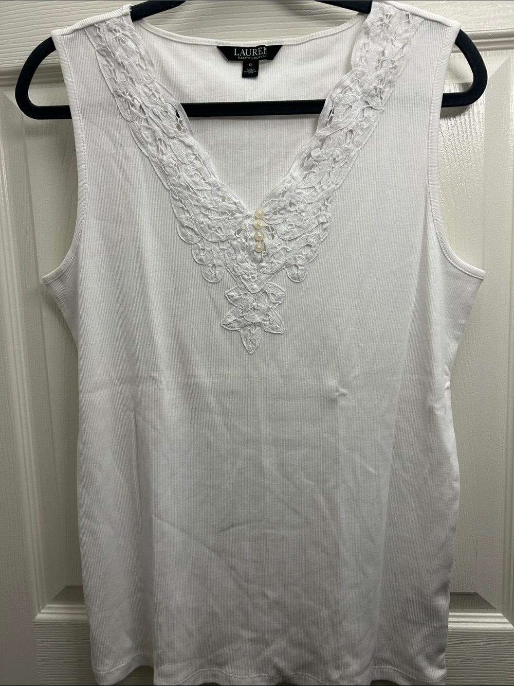 Lauren Ralph Lauren White Sleeveless V-Neck Tank with Lace Trim and Pearl Detail